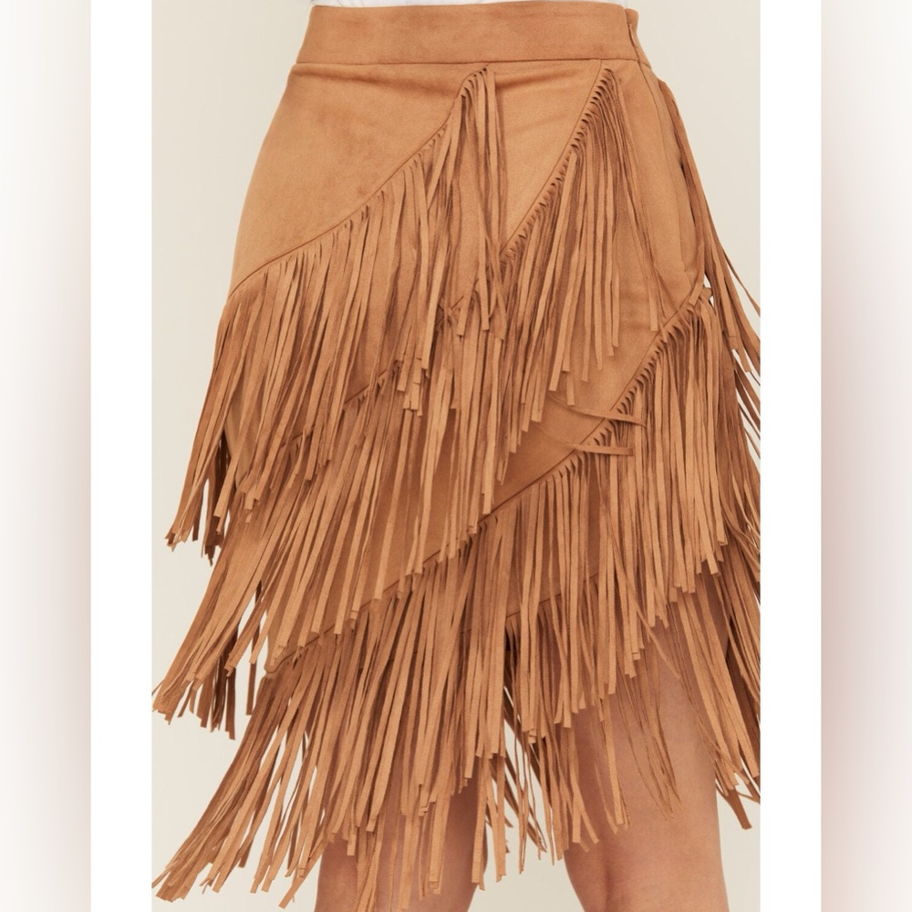 Western Fringe Asymmetrical Faux Suede Leather Midi Skirt Boston Proper Brown 6